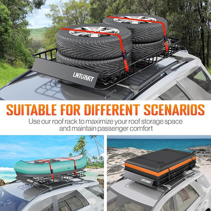 LWTURMRT 64 x 39 Inch Universal 300LB Heavy Duty Roof Rack Cargo with Cargo Net, Car Top Luggage Holder Carrier Basket for SUV,Truck or RV Camping Storage Steel Construction