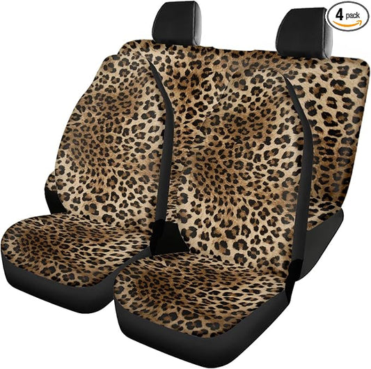 Leopard Print Car Seat Covers Full Set,Brown Animal Skin Pattern of Wild Strong Panthera Vehicle Front Rear Bench Cushion Protectors Auto Interior Accessories Universal Fit for Trucks Sedans