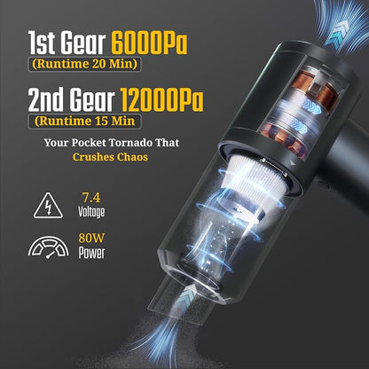 Car Vacuum Portable Cordless 12000Pa Powerful Suction Handheld Mini Rechargable Small Hoover Cleaner Brushless Motor 4000mAh Rechargeable Type C Blower Inflator Deflator Car Cleaning Kit