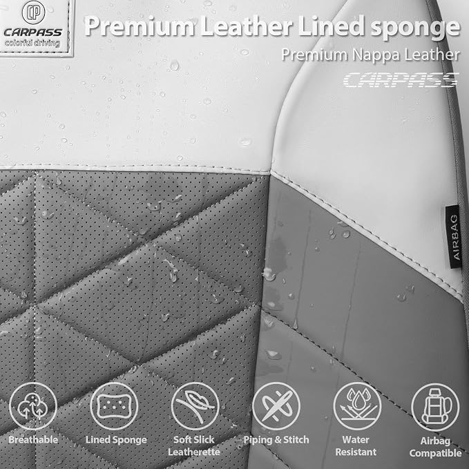 CAR PASS Memory Foam Leather Front Seat Covers, Waterproof Nappa Leather Seat Covers Front Seats Universal Fit for Cars,SUV,Truck Seat Covers Thick 3D Foam Comfortable, Airbag Compatible Gray White