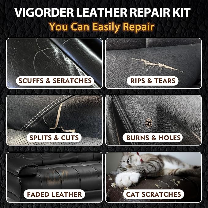 Vigorder Leather Repair Kit for Furniture, Vinyl Repair Kit for Furniture, Sofa, Jacket, Purse – Super Easy Instructions to Fix Scratches, Tears, Holes, and Peeling (Black)