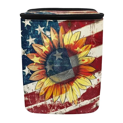 Sunflower American Flag Print Car Trash Can with Lid Car Accessories for Men Women Trash Bin Hanging Back of Seat Collapsible Leak Proof Multipurpose Vehicle Garbage Can