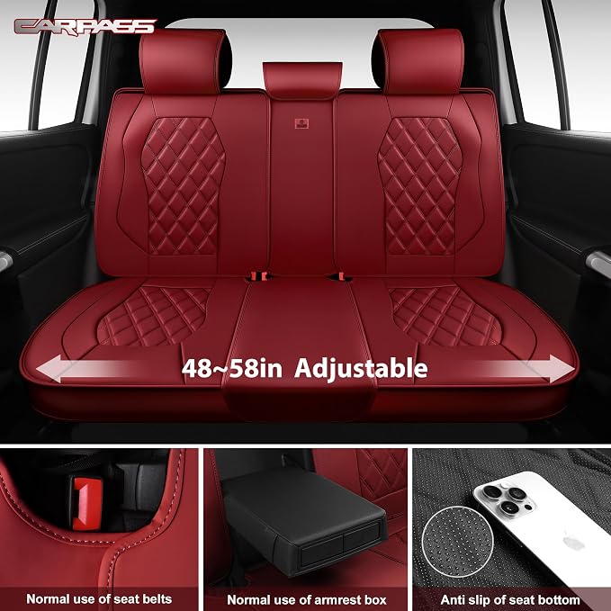 CAR PASS Luxury Nappa Leather Seat Covers Full Set, 3D Rhombus Waterproof Faux Leather Seat Covers, Premium Automotive Seat Cushion Universal Fit for Sedan SUV Truck Van,Airbag Compatible Burgundy Red