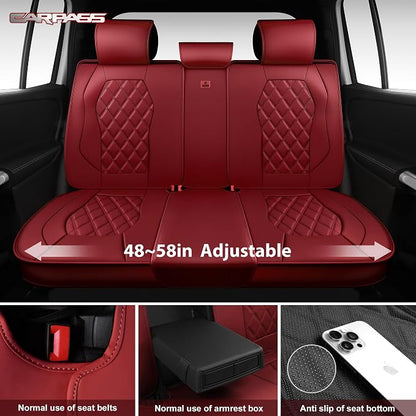 CAR PASS Luxury Nappa Leather Seat Covers Full Set, 3D Rhombus Waterproof Faux Leather Seat Covers, Premium Automotive Seat Cushion Universal Fit for Sedan SUV Truck Van,Airbag Compatible Burgundy Red