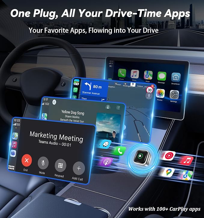 2026 Upgraded Wireless CarPlay Adapter with Buttons for Privacy Call & Two-Phone Fast Switch, Aluminum Cooling, Dual-Band WiFi, Mini Cable-Free, Compatible with Apple CarPlay & Android Auto, Gray