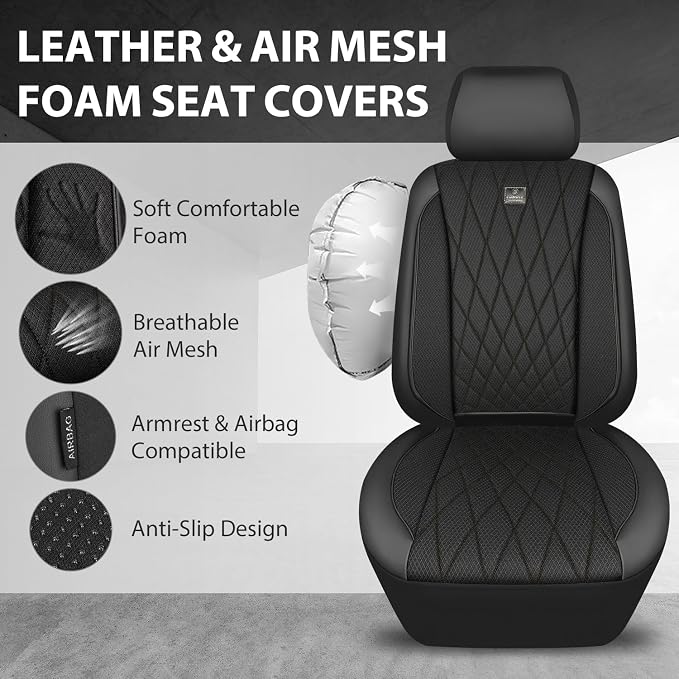 CAR PASS Thick Foam 3D Air Mesh Leather Car Seat Covers Front Seats Only, Luxury Breathable Premuim PU Leather Two Front Seat Covers,Airbag Compatible Universal Fit for 95% Sedan Van Truck SUV, Black