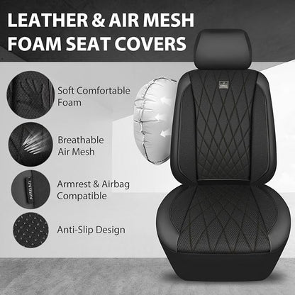 CAR PASS Thick Foam 3D Air Mesh Leather Car Seat Covers Front Seats Only, Luxury Breathable Premuim PU Leather Two Front Seat Covers,Airbag Compatible Universal Fit for 95% Sedan Van Truck SUV, Black