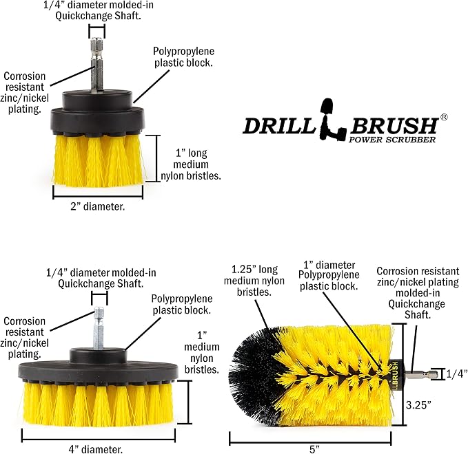 Drill Brush Yellow Bathroom Detailing Brush Set – Bathtub Shower Scrub Brush for Drill - Tile Grout Cleaning Tool - Shower Door Scrubber - Bath Tub Brush - House Cleaning Kit Spinning Scrub Brush