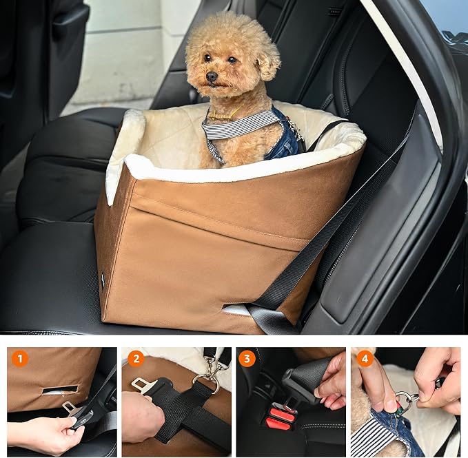 Amazon Basics Dog Car Seat Booster for Small Dogs up to 25lbs, Washable Removable Cover, Safety Leash, Elevated View for Window, 18" x 18" x 16", Tan