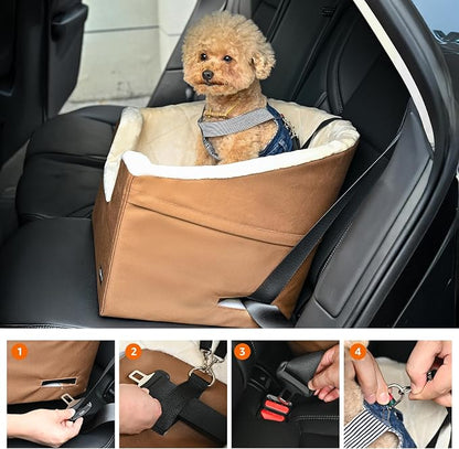 Amazon Basics Dog Car Seat Booster for Small Dogs up to 25lbs, Washable Removable Cover, Safety Leash, Elevated View for Window, 18" x 18" x 16", Tan