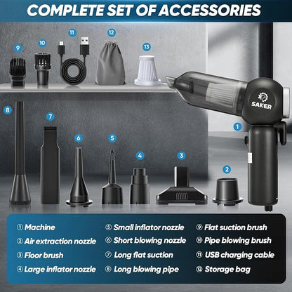 Saker Portable Car Vacuum Cordless 20000Pa 6 in 1 Multifunctional Adjustable Small Handheld Vacuum 7800mAH with Brushless Motor for Gifts, Car Home and Office SW-102