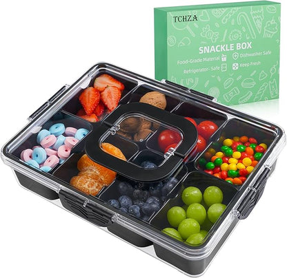 Snackle Box Container, Dishwasher Safety - Divided Serving Tray with Lid and Handle, Charcuterie Board for Portable Snack Platters - Organizer for Fruits Snacks - Perfect for Road Travel - Black