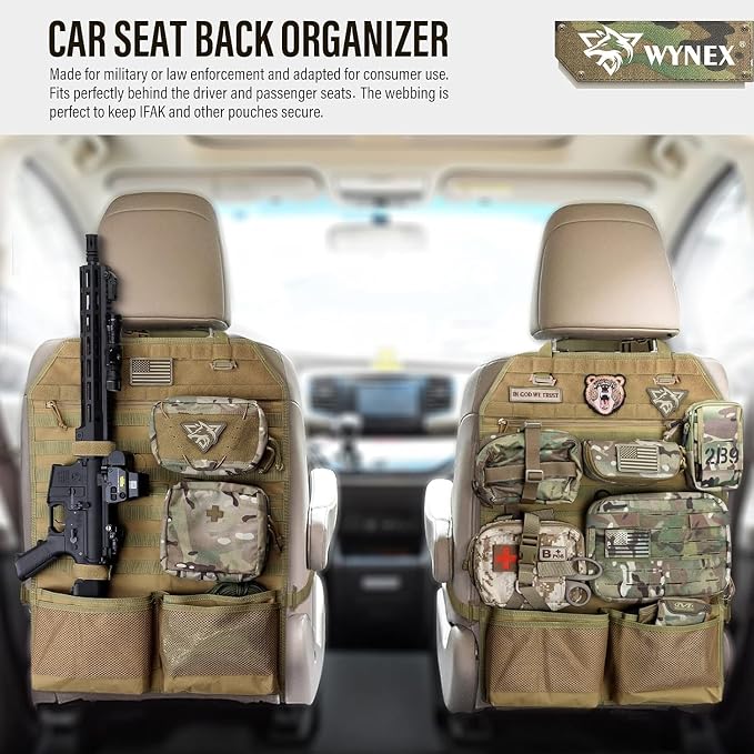 WYNEX Car Seat Organizer, Molle Backseat Cover Organizer Protector with Sling Rack, Visual Pocket and Patch, Universal Vehicle Fits for F150, Jeeps, Pickups & Trucks for Road Trips (2 Packs)