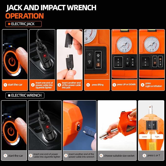 Car Jack Electric Hydraulic Jack Kit 5Ton 155-450mm Lift Inflator LED Light Impact Wrench 12V Portable Outdoor Home Emergency Tire Change Roadside Rescue Set for Sedan SUV MPV Truck