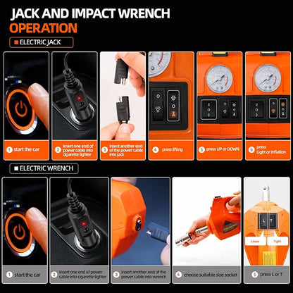 Car Jack Electric Hydraulic Jack Kit 5Ton 155-450mm Lift Inflator LED Light Impact Wrench 12V Portable Outdoor Home Emergency Tire Change Roadside Rescue Set for Sedan SUV MPV Truck