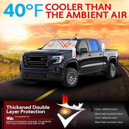 KAYZT Windshield Sun Shade for 2019-2025 2026 Chevy Silverado 1500 /GMC Sierra 1500 2500HD 3500HD Foldable Sunshade Front Window Custom Fit Car Accessories