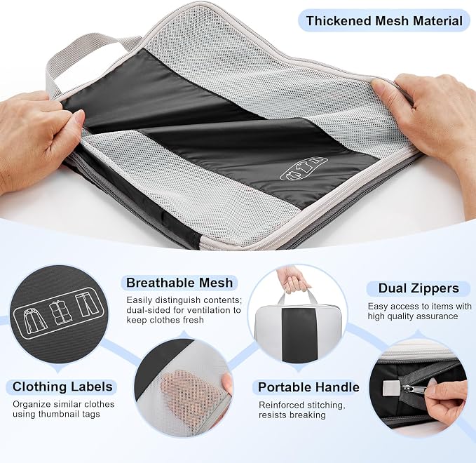 OlarHike 10 Set Compression Packing Cubes for Travel Essentials,Compressible Expandable Space Saver Bags for Organizing Clothes,Luggage Suitcase Garment Bags with Over 1000 pcs Mesh Holes(Black)