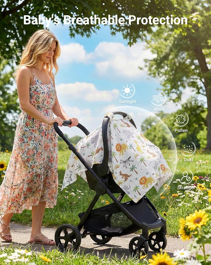 Rquite Baby Boy Car Seat Cover, 100% Muslin Cotton Infant Carseat Canopy, Soft Breathable Stroller Sun Shade & Newborn Shower Gift, Large Size Universal Fit Summer, Hot & Warm Weather (Forest Animals)