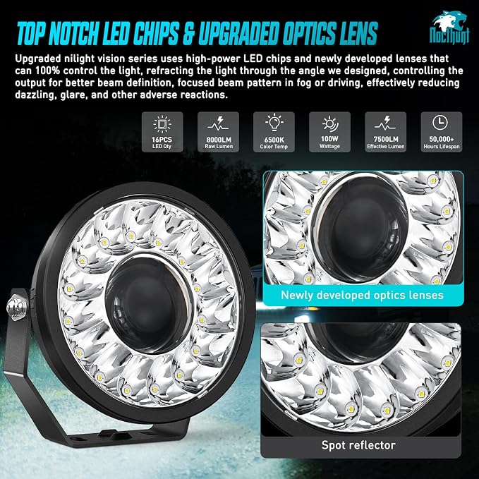 Nilight 7 Inch LED Offroad Driving Lights with DRL 2 PCS 100 W Round Hyper Spot Beam Offroad Light w/ 12 AWG DT Connector Wiring Harness Kit for Jeep Truck ATV UTV SUV