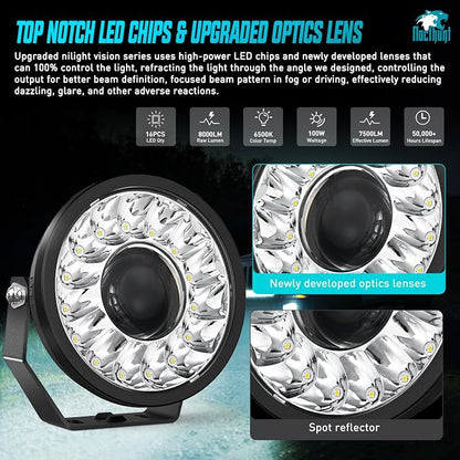 Nilight 7 Inch LED Offroad Driving Lights with DRL 2 PCS 100 W Round Hyper Spot Beam Offroad Light w/ 12 AWG DT Connector Wiring Harness Kit for Jeep Truck ATV UTV SUV
