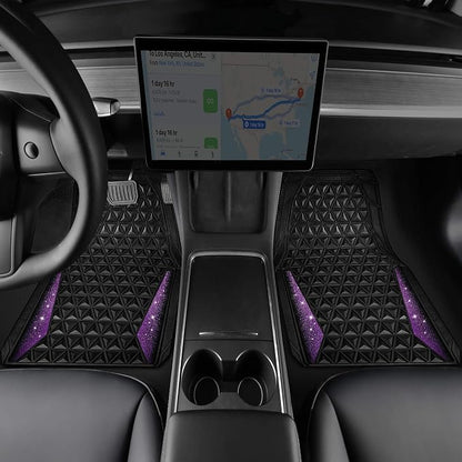 CAR PASS Bling Rubber Car Mats Diamond Floor Mats Full Set Anti-Slip 3D Rhombus Waterproof Universal Trim to Fit Liner Glitter Crystal Sparkly Shining Rhinestone Girl Women SUV Sedan Van, Black Purple