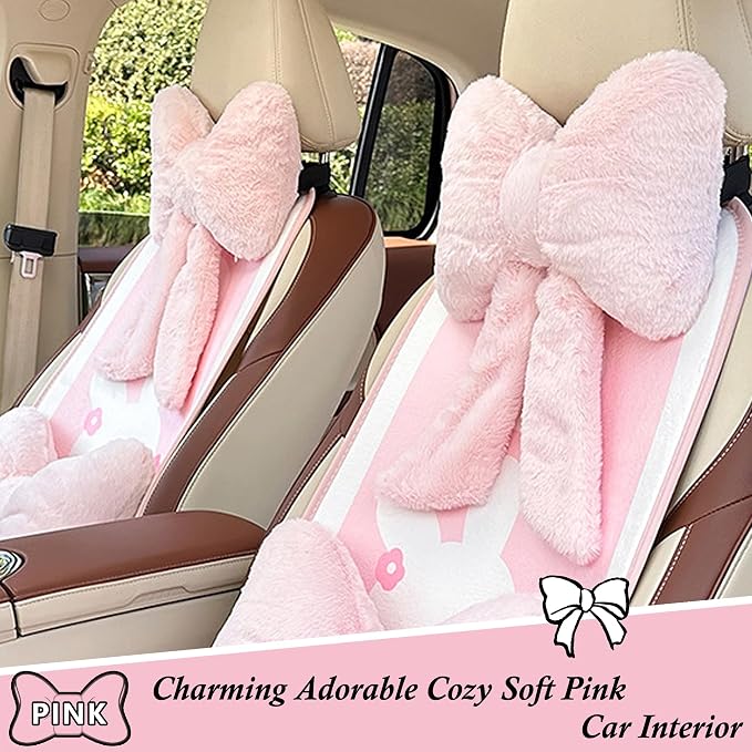 Car Neck Pillow 2PCS Plush Bowknot Car Headrest Pillow – Comfortable Neck Support for Driving Soft Touch Fabric Car Pillow Cute Interior Decor (Pink Set 4 Pcs)