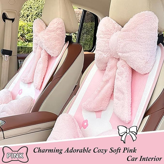 Car Neck Pillow 2PCS Plush Bowknot Car Headrest Pillow – Comfortable Neck Support for Driving Soft Touch Fabric Car Pillow Cute Interior Decor (Pink Set 4 Pcs)