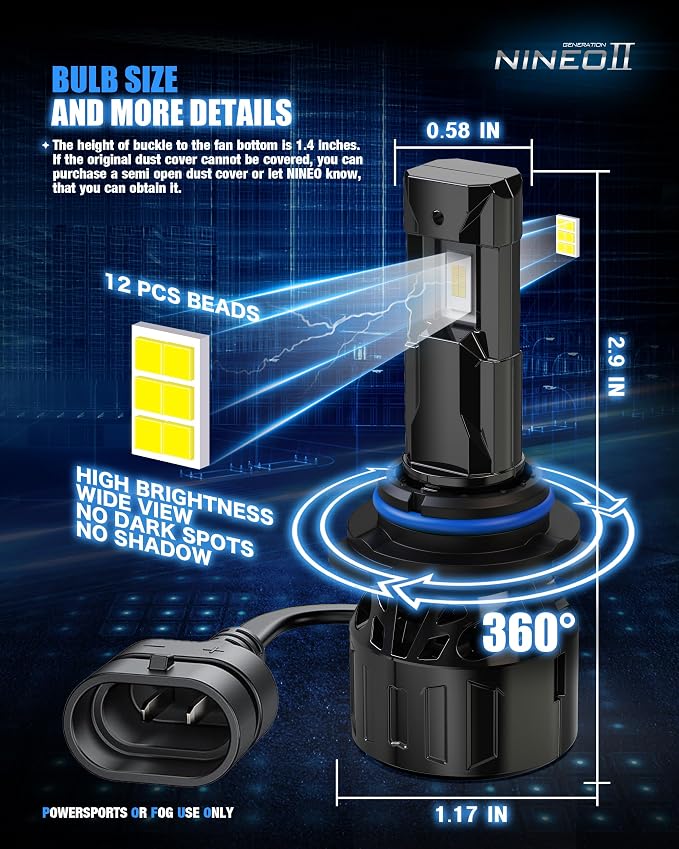 NINEO 9006 Bulbs, 9006 Fog Lights, [2025 Upgrade] 600% Brighter 6500K White, Fan-Cooled, No Flicker, Plug & Play, Driving or Fog Light, 2 Pack
