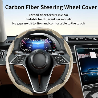 Carbon Fiber Steering Wheel Cover, 3-Piece Set Anti-Skid Comfortable Grip Segmented Butterfly Design, Easy Snap-On Installation Universal Fit 99% Cars, Beige