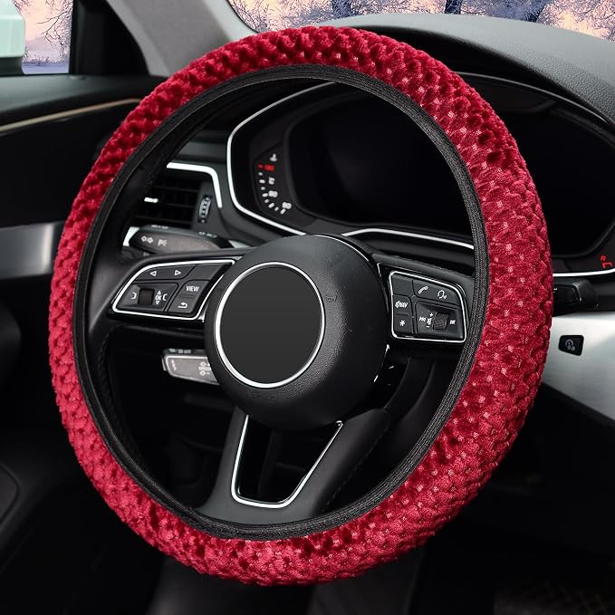 KAFEEK Elastic Short Microfiber Plush Steering Wheel Cover for Winter Warm, Universal 15 inch, Anti-Slip, Odorless, Wine Red