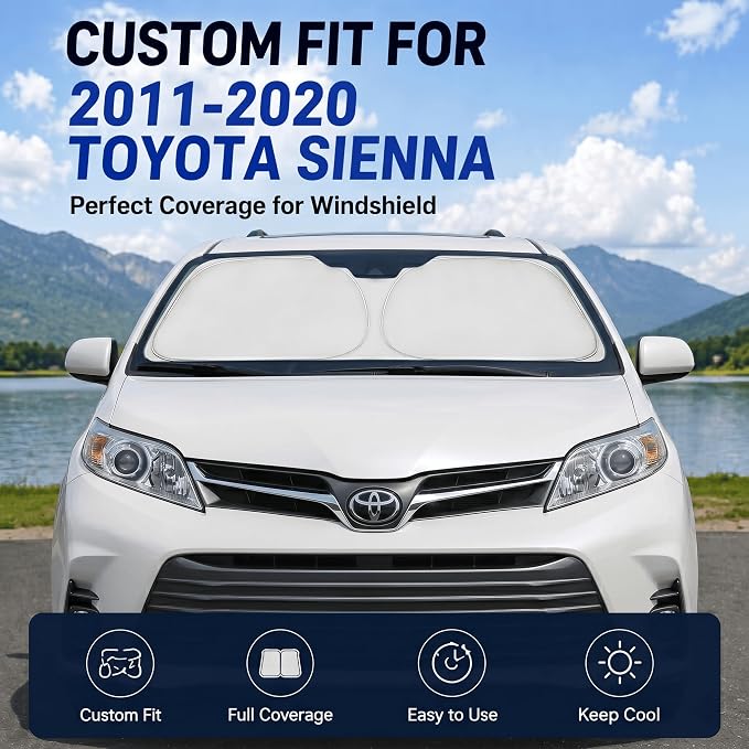 Custom Fit Windshield Sun Shade for Toyota Sienna 2011-2020 | Custom Fit Windshield Cover, Blocks UV Rays, Double-Layer Heat Shield, Durable Frame, Easy Fold & Storage