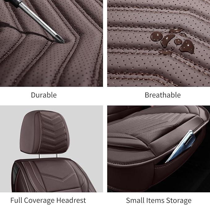 HChengkikz Nappa Leather Car Seat Covers Full Set, Brown Car seat Protector 5 Seats, Waterproof Car Seat Cushion, Universal Automotive Seat Covers Fit for SUV Truck Pick-up Sedan, Front and Rear