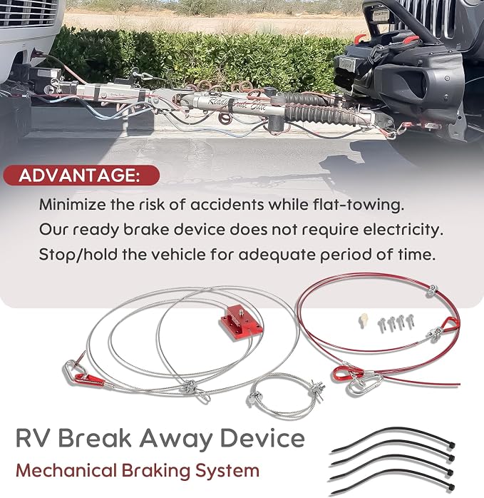 RV Brake System for Flat Towing, Emergency Breakaway Kit & Ready Stop Device Kit with Brake Pedal Connected Cable Harness, Compatible with RV Tow Bars and Towed Vehicles