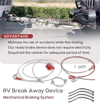 RV Brake System for Flat Towing, Emergency Breakaway Kit & Ready Stop Device Kit with Brake Pedal Connected Cable Harness, Compatible with RV Tow Bars and Towed Vehicles