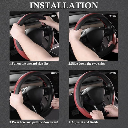 CAR PASS Faux Leather Steering Wheel Cover and Waterproof Car Floor Mats, Universal Car Combo Fit for 95% Sedan,SUV,Cars, 14.5-15inch Sporty Anti-Slip Safety Comfortable Design Burgundy