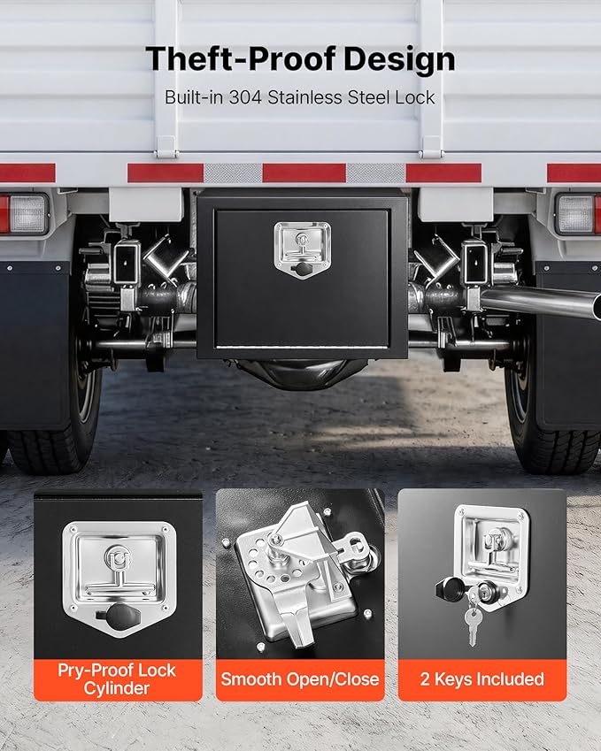 VEVOR Underbody Truck Tool Box, 18 x 12 x 14 Inch Heavy Duty Steel Trailer Storage Box with Lock & Keys, Waterproof Trailer Storage Organizer Under Body Chest with T-Handle for Truck, Van, SUV, Black