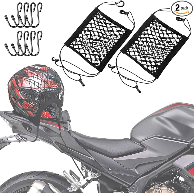 2PCS Upgrade Cargo Net for Motorcycle Helmet Storage, 10"X11" High-Elastic Double Layer Bungee Net with 8 Extra Strong Metal Hooks, Luggage Strap Rack Expansion Organizer Net for Motorbike Trike Cycle