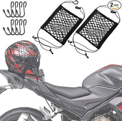 2PCS Upgrade Cargo Net for Motorcycle Helmet Storage, 10"X11" High-Elastic Double Layer Bungee Net with 8 Extra Strong Metal Hooks, Luggage Strap Rack Expansion Organizer Net for Motorbike Trike Cycle