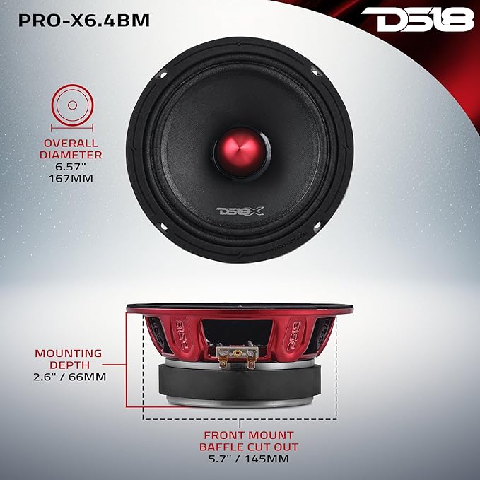 DS18 PRO-X6.4BM Loudspeaker - 6.5", Midrange, Red Aluminum Bullet, 500W Max, 250W RMS, 4 Ohms - Premium Quality Audio Door Speakers for Car or Truck Stereo Sound System (1 Speaker)