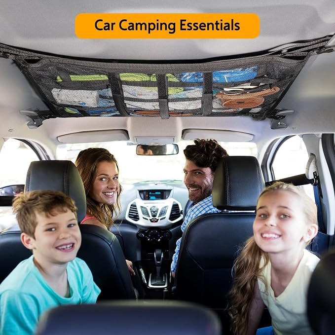 Car Ceiling Cargo Net with 3 Pockets,31.5"x21.6" Car Overhead Storage Mesh Organizer,Double Layer Roof Mesh Camping Overlanding Gear Must Haves Cargo Net,Road Trip Essentials (31.5"x 21.6")