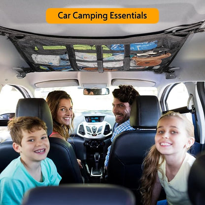 Car Ceiling Cargo Net with 3 Pockets,31.5"x21.6" Car Overhead Storage Mesh Organizer,Double Layer Roof Mesh Camping Overlanding Gear Must Haves Cargo Net,Road Trip Essentials (31.5"x 21.6")