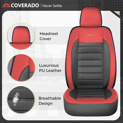 Coverado Car Seat Covers Front Seats, Luxury Leather Car Seat Covers, Automotive Mesh Seat Covers 2 Pack, Airbag-Compatible, Black Red Seat Covers for SUV Sedan Truck