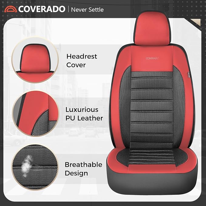 Coverado Car Seat Covers Full Set, Luxury Leather Car Seat Covers, Automotive Front and Rear Mesh Seat Covers, Full Set 5 Seats, Black Red Seat Covers for SUV Sedan Truck
