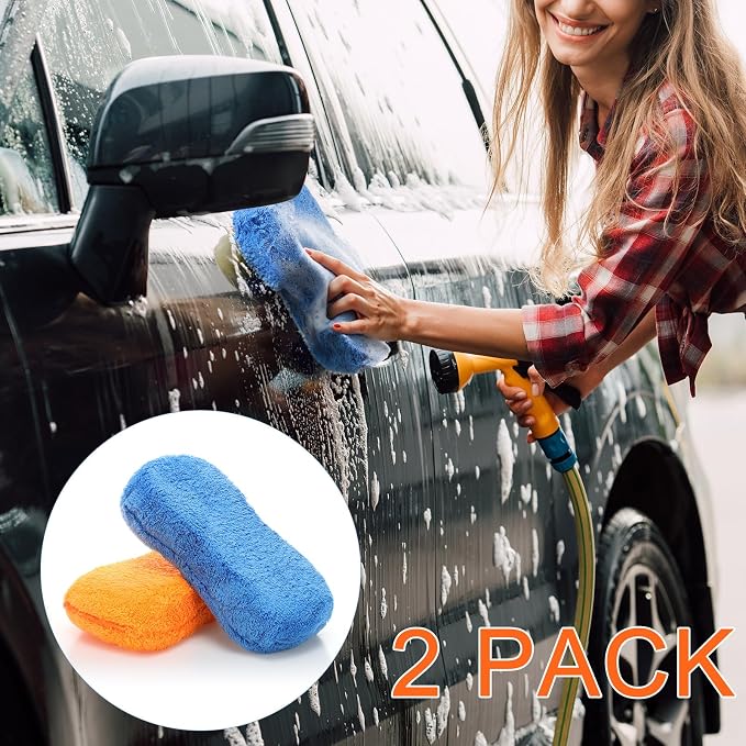 Tanlade 2 Pcs Large Car Wash Sponge for Cleaning, The Microfiber Sponges for Car Washing Supplies, Trucks and Motorcycles (Blue,Orange)