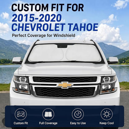 Custom Fit Windshield Sun Shade for Chevrolet Chevy Tahoe 2015-2020 | Custom Fit Windshield Cover, Blocks UV Rays, Double-Layer Heat Shield, Durable Frame, Easy Fold & Storage