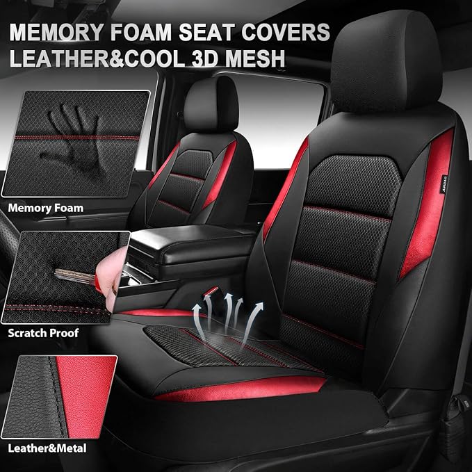 CAR PASS Memory 3D Foam Car Seat Covers Full Set, Breathable Mesh Thick Seat Covers for Car, Red Metal Film Leather Seat Covers, Universal Automotive Comfort for SUVs Trucks, Black Red