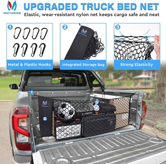 MICTUNING Truck Bed Cargo Net Highly Elastic Cargo Net with Storage Bag Small Mesh Durable Storage Organizer Compatible for 2013-2024 Chevy Silverado (16.9"" X 49"" to 62""), Black