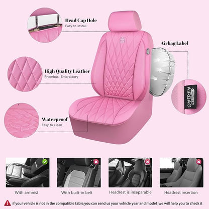 CAR PASS 5 Seats Piping Luxury Leather Seat Covers Full Set, Anti-Slip Waterproof Seat Covers Compatible with Front Armrests, Universal Fit for Suvs,Vans,Trucks,Airbag Compatible, Pure Pink