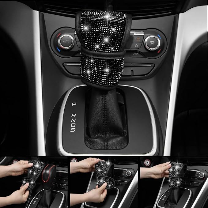 CAR PASS Leather Bling Seat Covers Full Sets 16 pcs, Bling Diamond Car Accessories Set for Women, Sparkly Rhinestone Steering Wheel Cover, Glitter Cute Car Interior Sets for Women Girl, Black Diamond