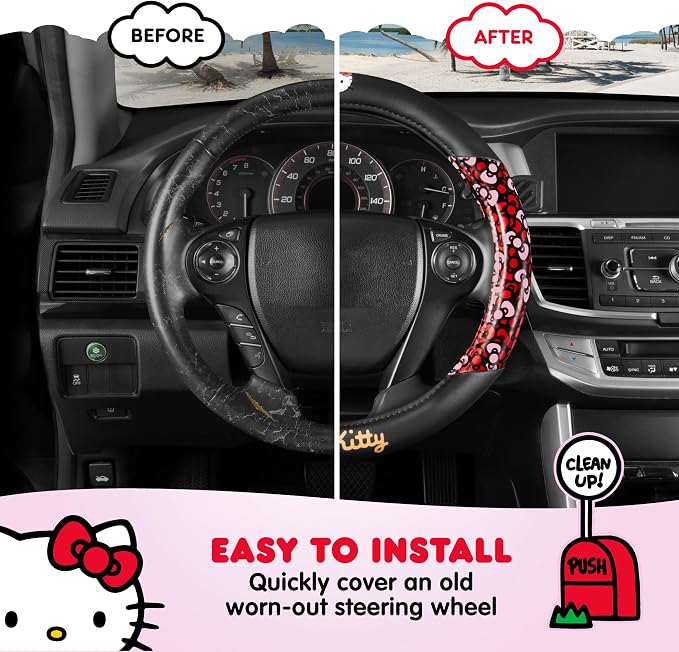 Hello Kitty Steering Wheel Cover, Official Sanrio Car Steering Wheel Cover with Universal Size 14.5-15.5, Cute Black for Women, Hello Kitty Car Accessories (Hello Kitty Bows)